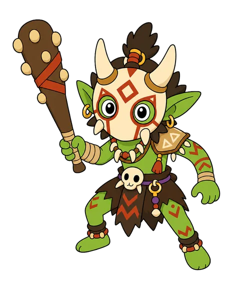 O Remendo, um duende verde com máscara de caveira e um porrete.